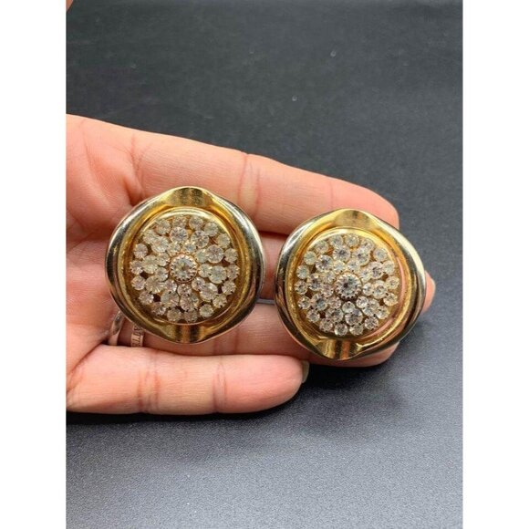 Big Statement Rhinestones Clip On Earrings Round Gold Tone Clear Prong Set Glass - Picture 4 of 6